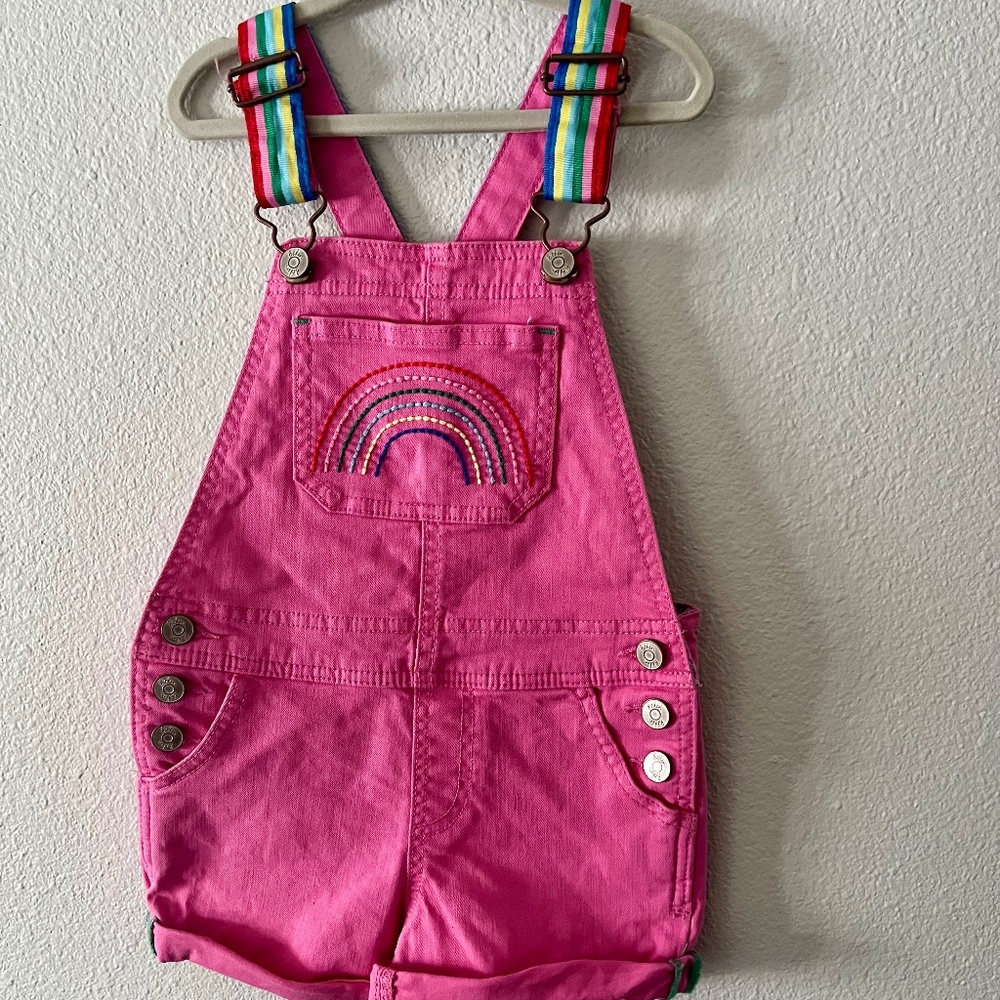 Mini Boden Strawberry Ice Pink Rainbow fun short overalls 3-4T